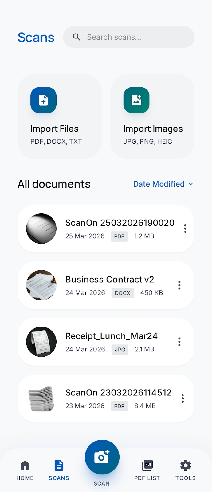 Scans management screen